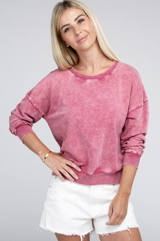 French Terry Acid Wash Boat Neck Pullover - Ivy & Lane