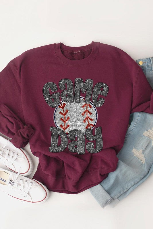 Baseball Game Day Faux Sequins Graphic Sweatshirts *Plus Size*