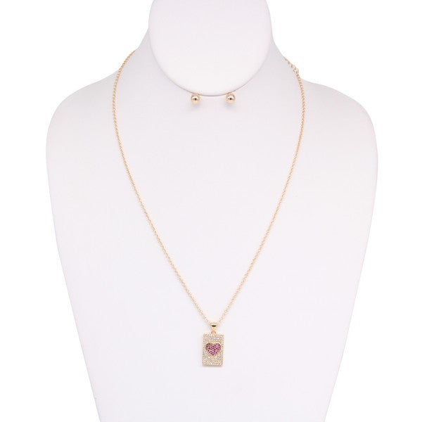 PINK RHINESTONE HEART NOTE NECKLACE EARRING SET - Ivy & Lane