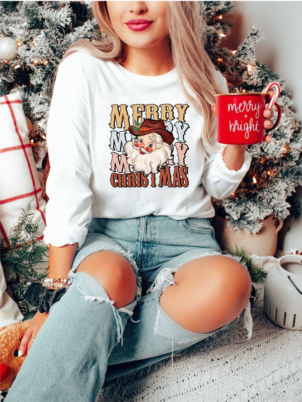 Stacked Merry Christmas Santa Long Sleeve Tee