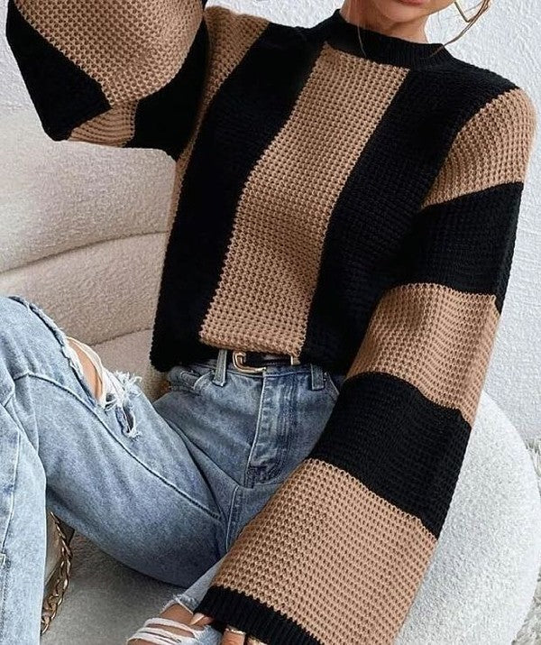 Color Block Striped Bell Sleeve Sweater