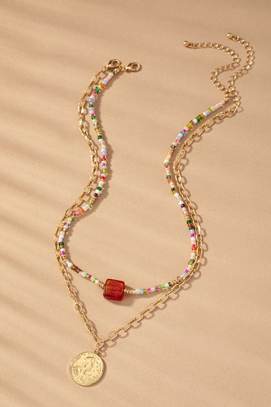 Two Layer Multi Color Bead and Chain Necklace - Ivy & Lane