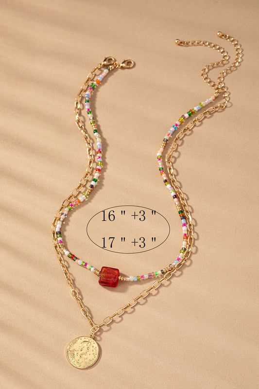 Two Layer Multi Color Bead and Chain Necklace - Ivy & Lane