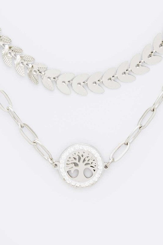 CZ Tree Pendant Stainless Steel Leaf Necklace