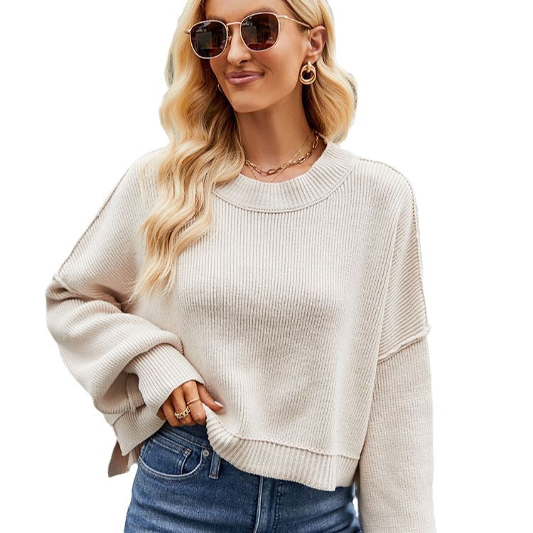 Loose Cropped Pullover Fashion Long Sleeve Round Neck Sweater