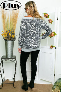 TERRY SOLID CHEETAH MIX WIDE V NECK PLUS TOP