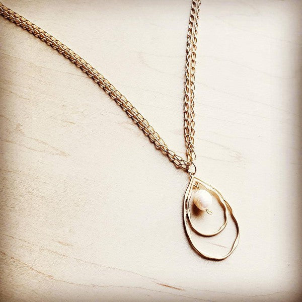 Matte Gold Necklace w/ Double Hoop Pearl Pendant - Ivy & Lane