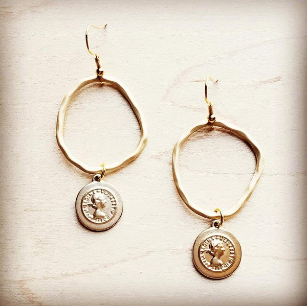 Matte Gold Hoop Earrings with Coin Dangle - Ivy & Lane