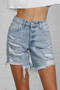 HIGH RISE MIDI DESTROYED SHORTS