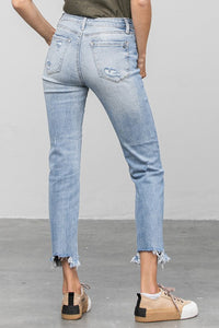 Mid Rise Raw Hem Straight Jeans