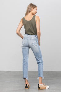 Mid Rise Raw Hem Straight Jeans