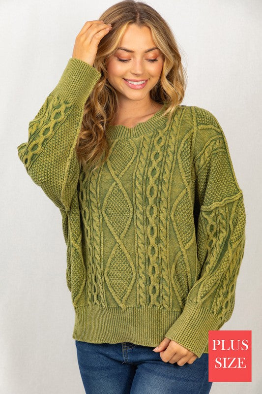 PLUS SZ Long Sleeve Mineral Washed Cable Sweater - Ivy & Lane