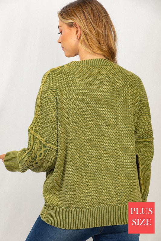 PLUS SZ Long Sleeve Mineral Washed Cable Sweater - Ivy & Lane