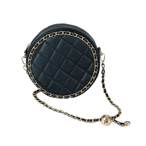 ROUND QUILTED CHAIN TRIM CROSSBODY BAG - Ivy & Lane