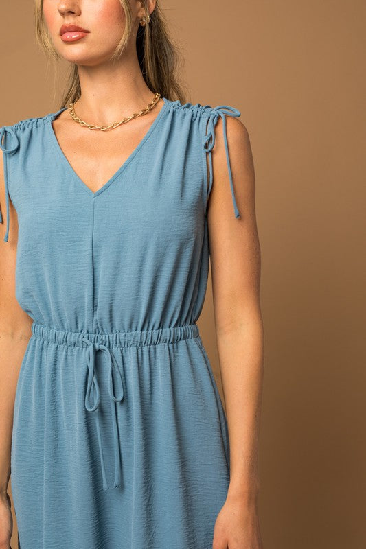 Sleeveless V-neck Shoulder Ruching Mini Dress - Ivy & Lane