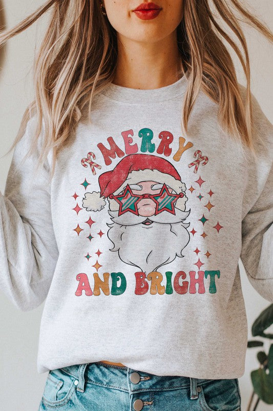 MERRY AND BRIGHT SANTA GRAPHIC SWEATSHIRT