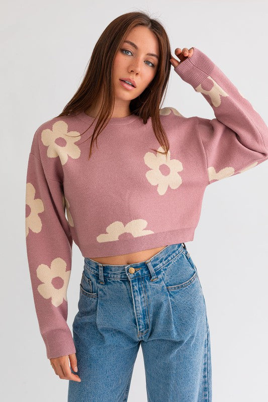 Long Sleeve Crop Sweater with Daisy Pattern - Ivy & Lane