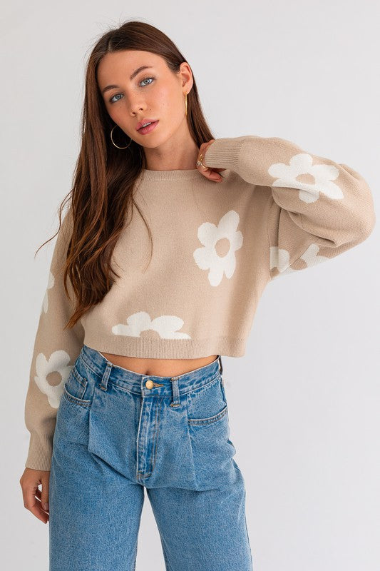 Long Sleeve Crop Sweater with Daisy Pattern - Ivy & Lane