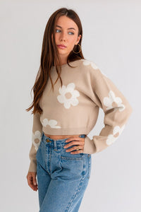 Long Sleeve Crop Sweater with Daisy Pattern - Ivy & Lane