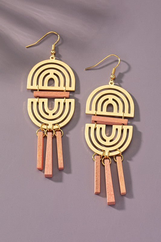 Double arch metal earrings with wood sticks - Ivy & Lane