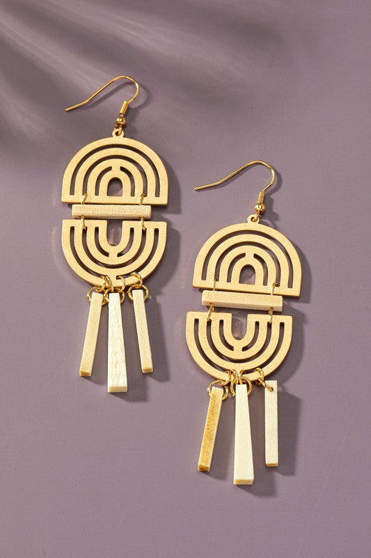 Double arch metal earrings with wood sticks - Ivy & Lane