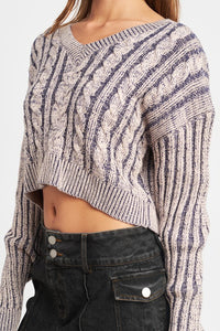 CONTRASTED CABLE KNIT SWEATER TOP - Ivy & Lane