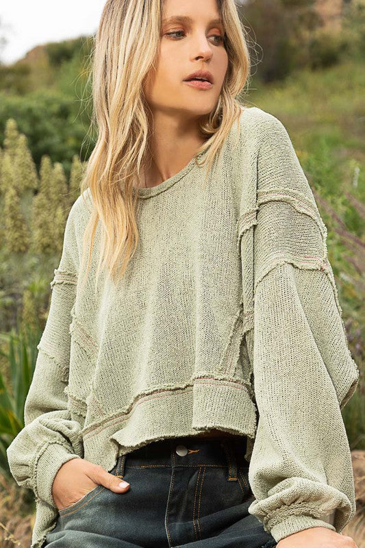 Round Neck Balloon Sleeve Hooded Knit Top - Ivy & Lane