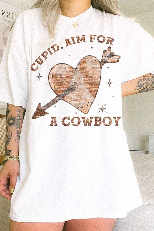 CUPID AIM FOR A COWBOY VALENTINES OVERSIZED TEE