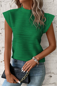 Wavy Textured Mock Neck Cap Sleeve Top