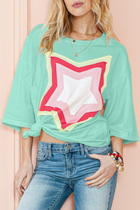 Colorblock Star Patched Half Sleeve Oversized Tee