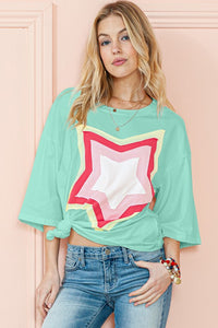 Colorblock Star Patched Half Sleeve Oversized Tee