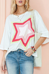 Colorblock Star Patched Half Sleeve Oversized Tee