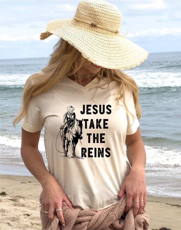 V-Neck Jesus Take the Reins Boutique Tee