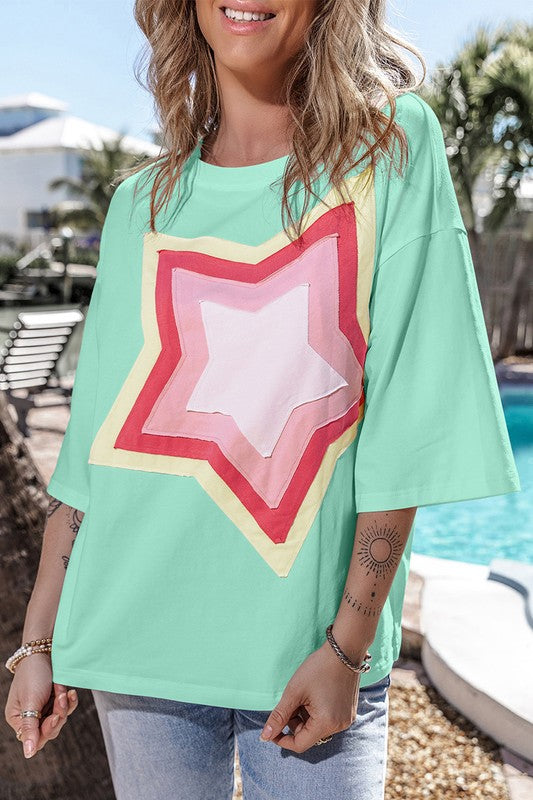 Women Star Patched Half Sleeve Oversized Tee Shirt