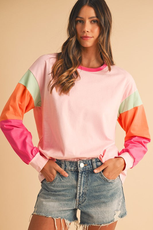 Color Block Sleeve Loose Fit Top