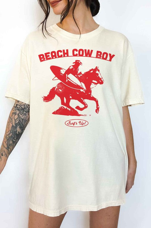 BEACH COW BOY SURFS UP OVERSIZED GRAPHIC TEE