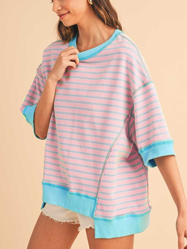 Pink Mint Stripe Color Block Oversized T Shirt Top