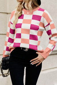 Checkered Ribbed Edge O Neck Drop Shoulder Sweater