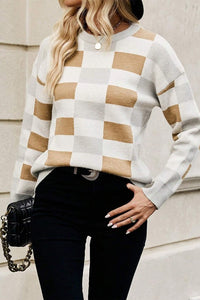 Checkered Ribbed Edge O Neck Drop Shoulder Sweater