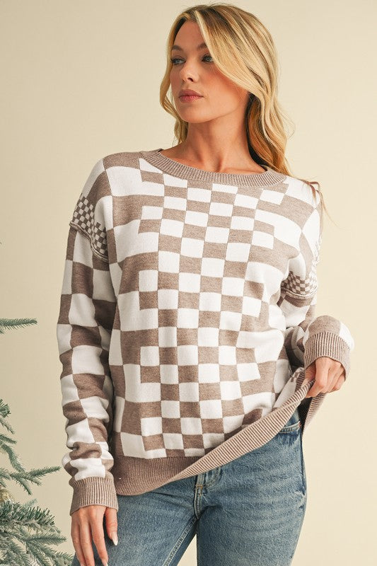 Checkered Drop Shoulder Round Neck Sweater