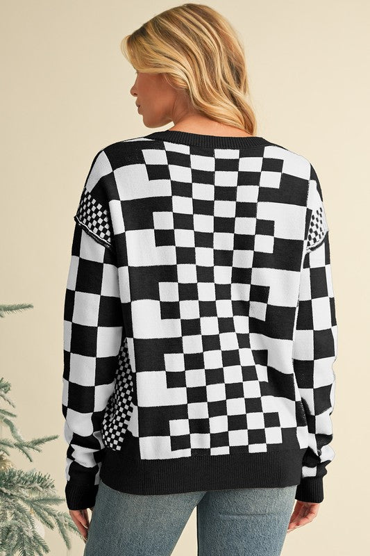 Checkered Drop Shoulder Round Neck Sweater