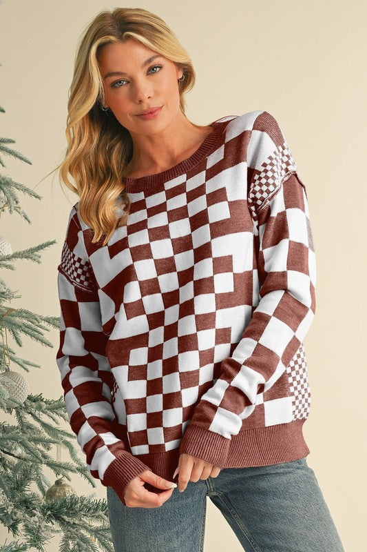 Checkered Drop Shoulder Round Neck Sweater