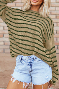 Casual Stripe Round Neck Drop Shoulder Sweater