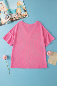 Rose Color Block Patch Pocket Corded V Neck Tee