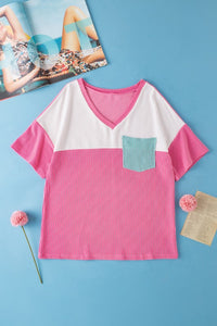 Rose Color Block Patch Pocket Corded V Neck Tee