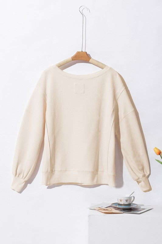 Waffle Knit Bishop Sleeve Oversized Sweatshirt