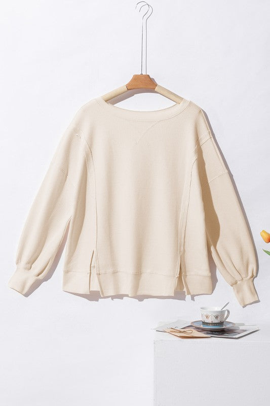 Waffle Knit Bishop Sleeve Oversized Sweatshirt