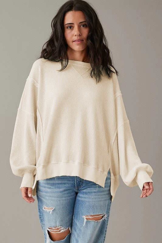 Waffle Knit Bishop Sleeve Oversized Sweatshirt