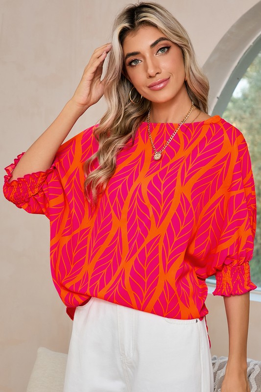 Tropical Leaf Print Smocked Cuffs Loose Blouse