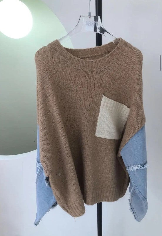 Denim sleeve knit sweater